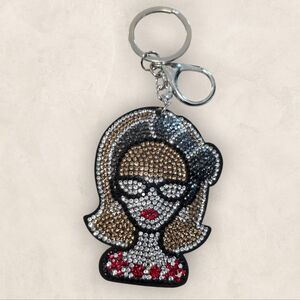 Stylish Lady Rhinestone Bag Charm Keychain with Black and Red Accents